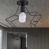 Industrial Metal Open Cage Ceiling Light With Star Shade - 1 Black Semi-Flush Fixture For Bedroom