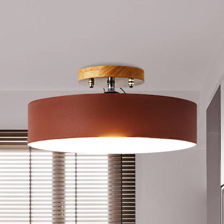 Modern Semi-Mount Drum Light: 1-Light 12 W Metal Fixture In Gray/White/Red/Pink For Living Room