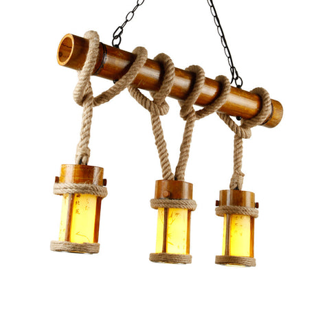 Vintage Wood Bamboo Island Pendant Lamp With Rope Cord - Set Of 3 Bulbs