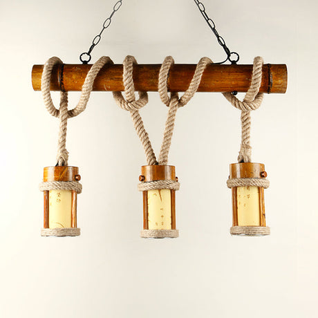 Vintage Wood Bamboo Island Pendant Lamp With Rope Cord - Set Of 3 Bulbs