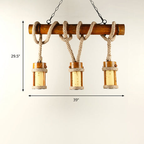 Vintage Wood Bamboo Island Pendant Lamp With Rope Cord - Set Of 3 Bulbs