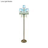 5/6/7-Bulb Traditional Crystal Candelabra Floor Lamp In Blue With Pleated Shade