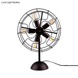 5-Bulb Farmhouse Style Table Lamp With Fan Design Cage Shade And Metallic Black Finish Perfect For