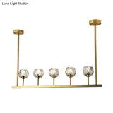 5-Head Linear Crystal Ball Pendant Light In Gold - Elegant Dining Room Ceiling Fixture