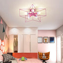 5-Light Industrial Ceiling Lamp For Kid’s Bedroom With Star Cage Design Pink