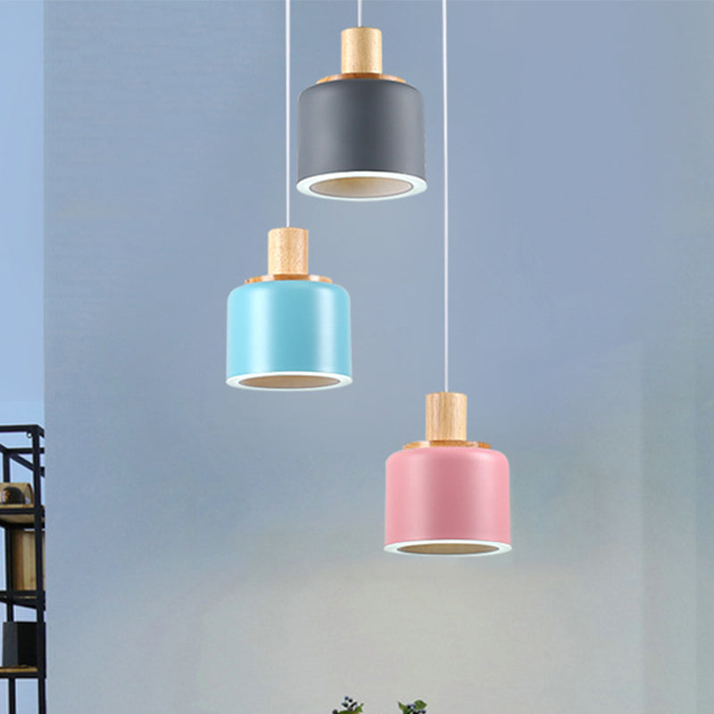 White Small Drum Cluster Pendant Light With Wood Top - Minimalist Design 3 Heads Metallic Ceiling