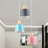White Small Drum Cluster Pendant Light With Wood Top - Minimalist Design 3 Heads Metallic Ceiling