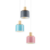 White Small Drum Cluster Pendant Light With Wood Top - Minimalist Design 3 Heads Metallic Ceiling