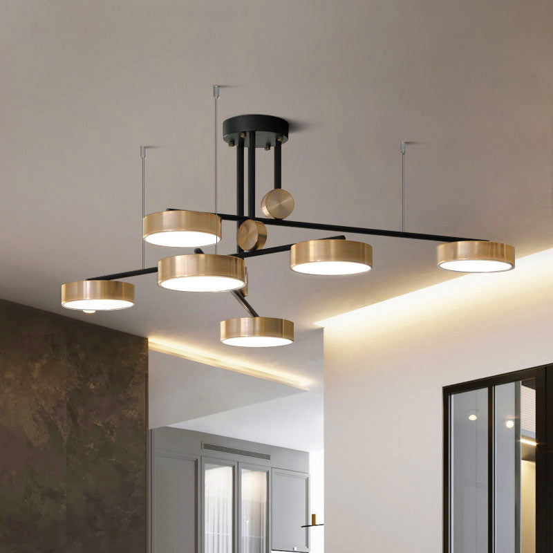 Black And Gold Modernist Multi-Lamp Pendant With Small Drum Shades