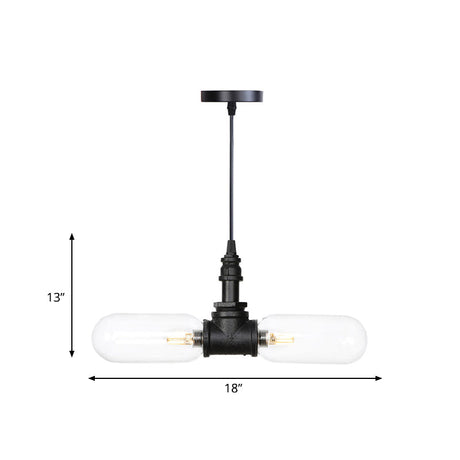 Laura - Black Clear Glass Capsule Shade Pendant Antiqued 2-Head Coffee Shop Led Ceiling Chandelier