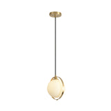 Sleek White Frosted Glass Pendant Light With Brass Ring - Modern Bedside Ceiling Lamp