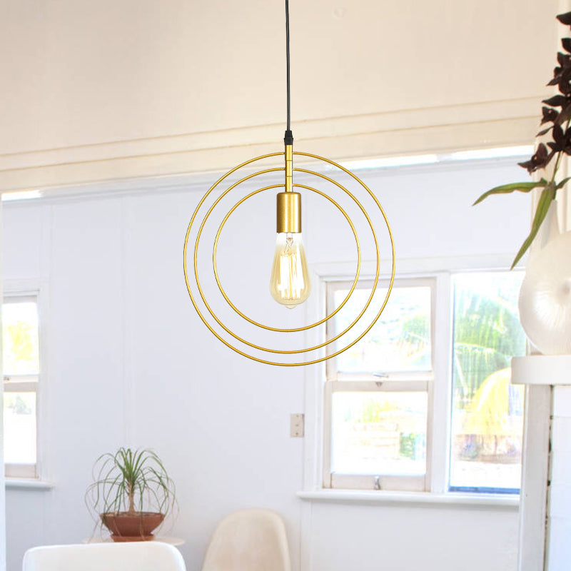 Gold Metallic 1-Bulb Minimalist Suspension Lamp - 3-Ring Restaurant Hanging Lighting