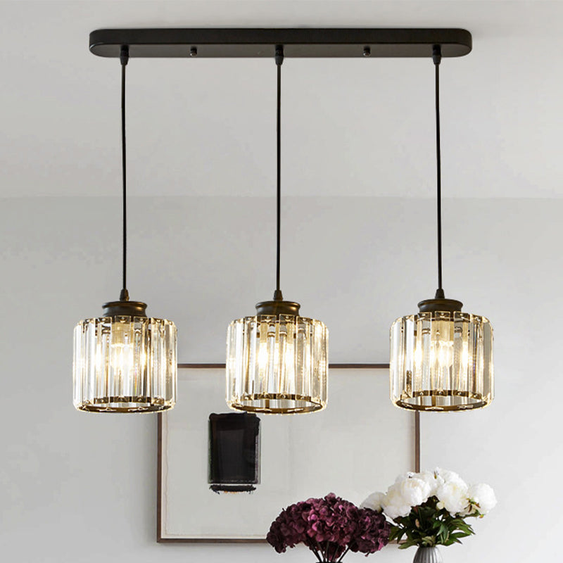 Modernist Drum Crystal Multi-Light Pendant - 3 Lights Black Ceiling Fixture With Linear/Round Canopy