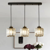 Modernist Drum Crystal Multi-Light Pendant - 3 Lights Black Ceiling Fixture With Linear/Round Canopy