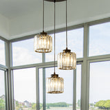 Modernist Drum Crystal Multi-Light Pendant - 3 Lights Black Ceiling Fixture With Linear/Round Canopy