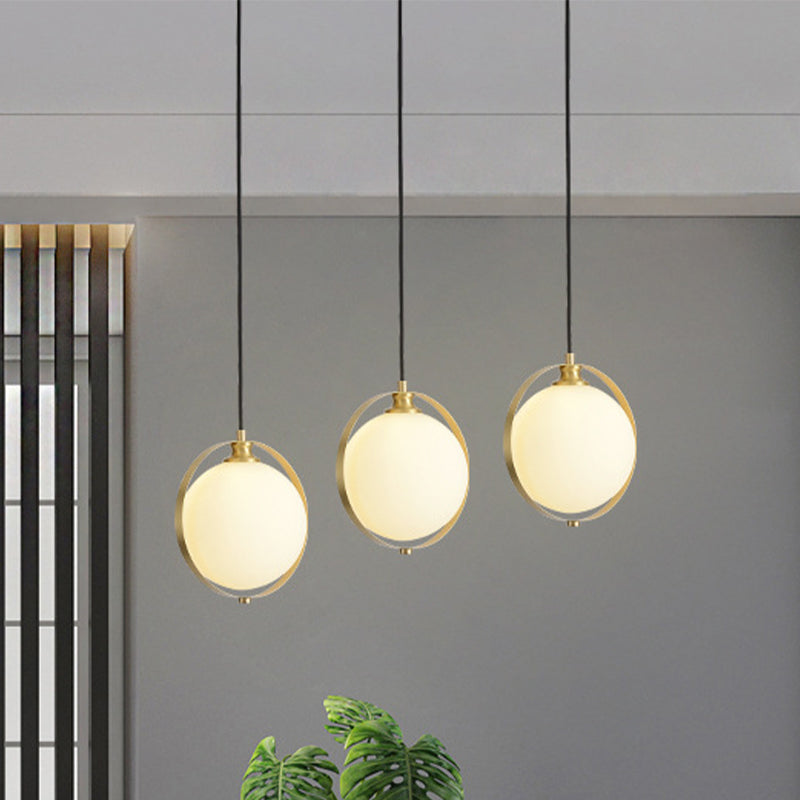 Modern Opal Glass Ball Suspension Pendant Lamp With 3 Heads In Gold