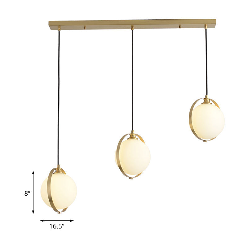 Modern Opal Glass Ball Suspension Pendant Lamp With 3 Heads In Gold