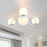 Modern White/Black Flush Mount Ceiling Light With Round Milk Glass Shade - 4-Bulb Bedroom Lighting