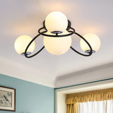 Modern White/Black Flush Mount Ceiling Light With Round Milk Glass Shade - 4-Bulb Bedroom Lighting