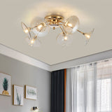 Modern Gold Semi Flush Light With Green/Clear Glass - 6 Bulbs For Living Room Clear