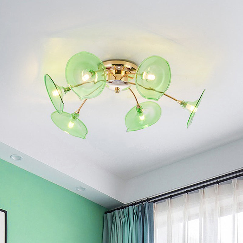 Modern Gold Semi Flush Light With Green/Clear Glass - 6 Bulbs For Living Room