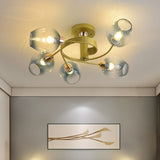 Modern Gold Twisted Arm Semi-Flush Lamp With Blue Glass Shade For Bedrooms - Set Of 5 Bulbs