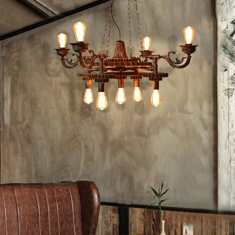 Vintage 9-Light Exposed Bulb Chandelier In Bronze - Ideal For Dining Room Décor