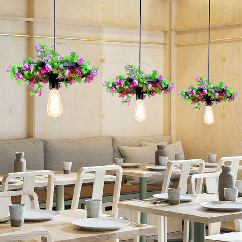 Vintage Black Metal Led Pendant Light Fixture For Restaurant - 1-Head Bare Bulb Flower Hanging Lamp