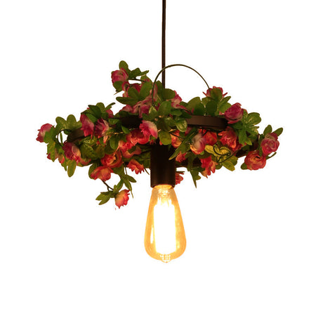 Vintage Black Metal Led Pendant Light Fixture For Restaurant - 1-Head Bare Bulb Flower Hanging Lamp