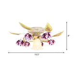 Pastoral White Metal Flower Semi Flush Mount Ceiling Light With Flared 1/4 Bulbs For Dining Room