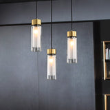 Sleek 1-Light Hanging Lamp With Clear And White Glass Shade - Brass Cylindrical Pendant