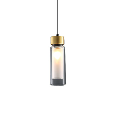 Sleek 1-Light Hanging Lamp With Clear And White Glass Shade - Brass Cylindrical Pendant