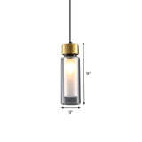 Sleek 1-Light Hanging Lamp With Clear And White Glass Shade - Brass Cylindrical Pendant