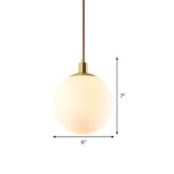 Frosted White Glass Ball Pendant Light - Modern 1-Light Brass Suspension Ceiling Lamp (6/8/10 Width)