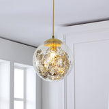 Modern Clear Glass Yellow Ball Pendant Lamp With Shattered Leaves Decoration - 1-Head Ceiling Light