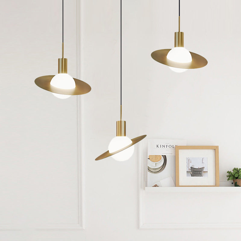 Modernist 3-Head Brass Pendant Light With Panel Ring Detail - Global Milky Glass Cluster Lamp