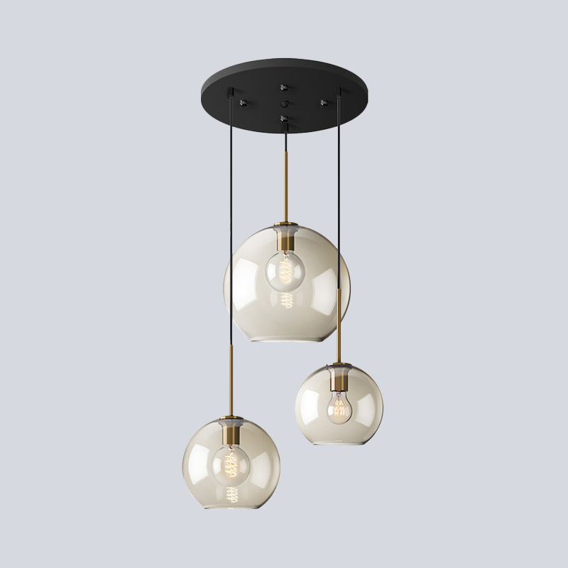 Minimalist Black Round Pendant Lamp With 3 Amber Glass Shades - Stunning Suspension Lighting