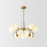 Modern Brass Pendant Chandelier With Antler Arm - White Glass 10-Bulb Sphere Design For Bedroom