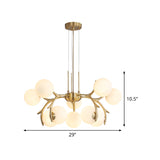 Modern Brass Pendant Chandelier With Antler Arm - White Glass 10-Bulb Sphere Design For Bedroom