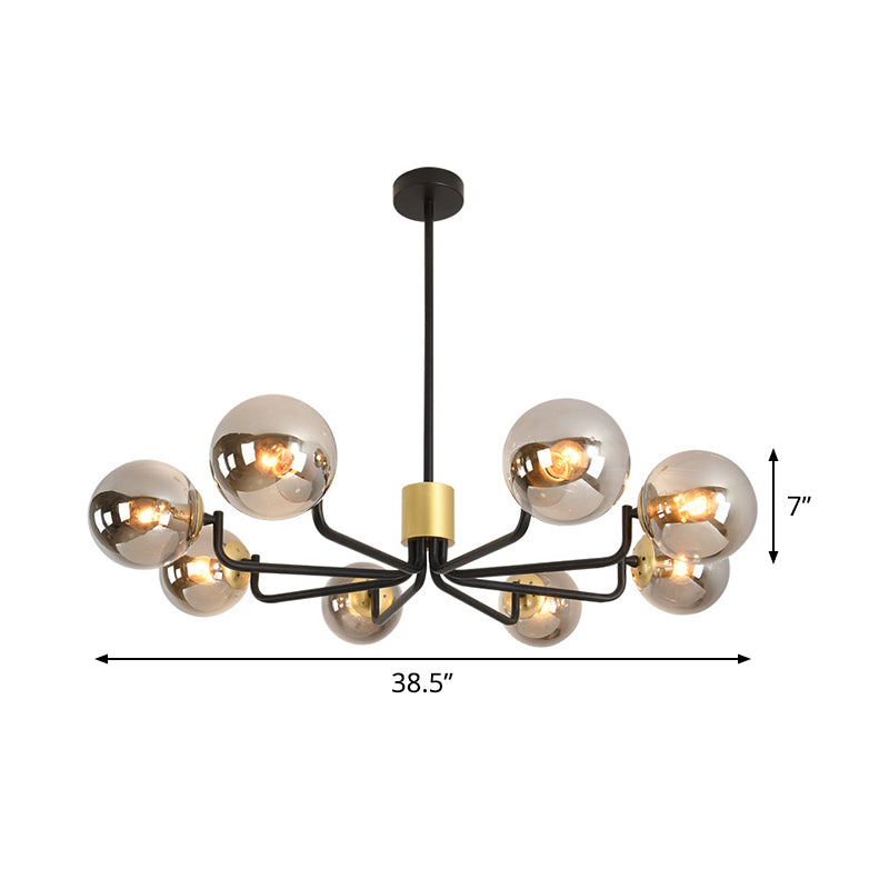 Modern 8-Head Brass And Black Chandelier With Grey Glass Spherical Suspension Radial Design
