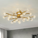 Contemporary Floral Semi Flushmount Ceiling Lamp In Brass - 24-Light Metallic Flush For Bedroom
