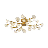 Contemporary Floral Semi Flushmount Ceiling Lamp In Brass - 24-Light Metallic Flush For Bedroom