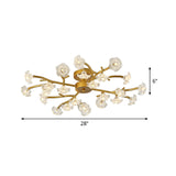 Contemporary Floral Semi Flushmount Ceiling Lamp In Brass - 24-Light Metallic Flush For Bedroom