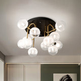 Modernist 12-Head White Glass Globe Flush Lighting In Brass - Ideal For Living Room Ceiling