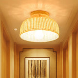 Contemporary Beige Bowl/Cylindrical Bamboo Ceiling Mount Light Fixture - 1 Head Semi-Mount Lighting