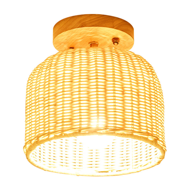 Contemporary Beige Bowl/Cylindrical Bamboo Ceiling Mount Light Fixture - 1 Head Semi-Mount Lighting