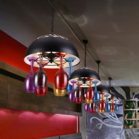 Vintage Dome Iron Chandelier With 4 Lights: Restaurant Pendant Lamp In Black Colorful Wine Cup Deco