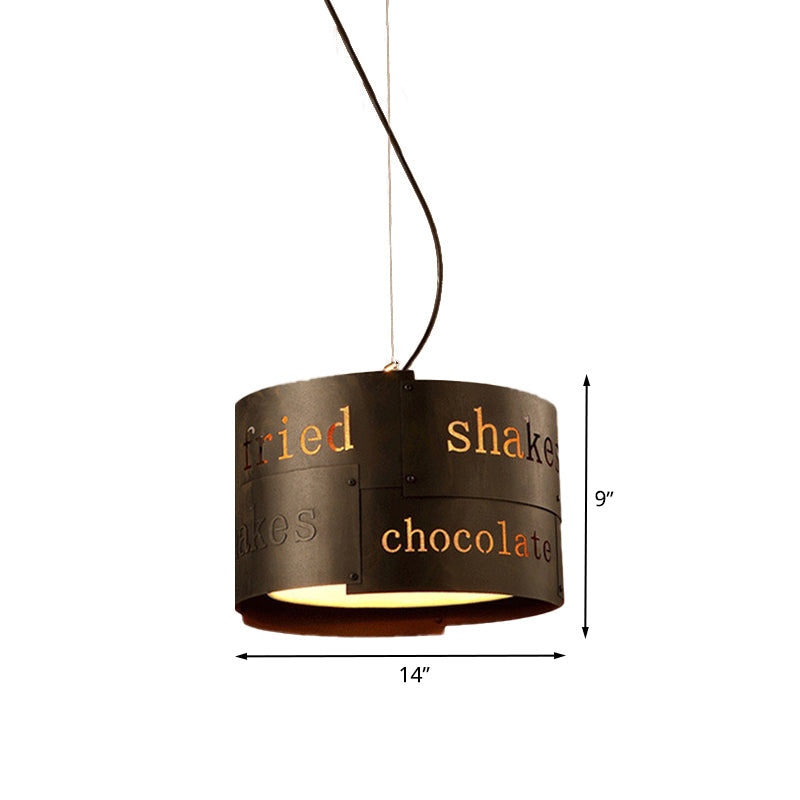 Antiqued Black Iron 3-Head Drum Chandelier - Stylish Ceiling Hang Fixture With Lettering Design