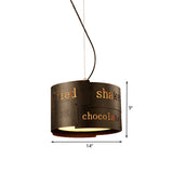 Antiqued Black Iron 3-Head Drum Chandelier - Stylish Ceiling Hang Fixture With Lettering Design