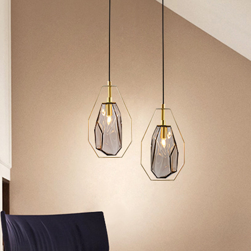 Retro Smoke Grey/Cognac Glass Gemstone Pendant Light With Brass Frame - Head Suspended Ideal For